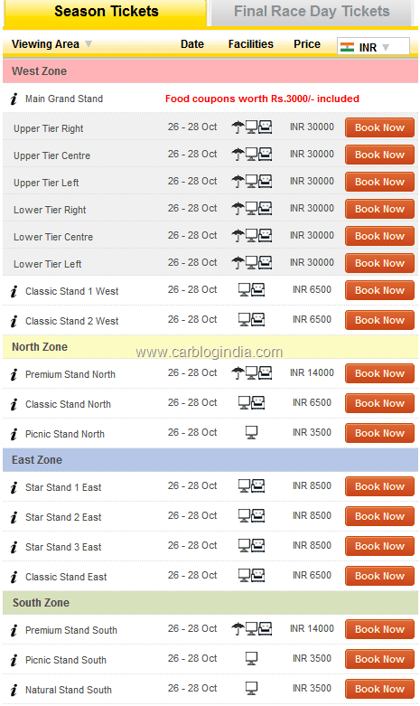 Indian F1 Grand Prix 2012 Tickets Prices