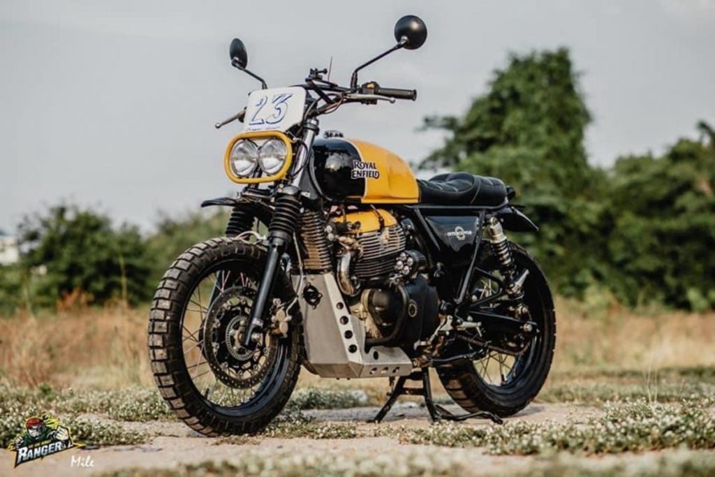 This modified Royal Enfield Interceptor has been made to look like a scrambler.