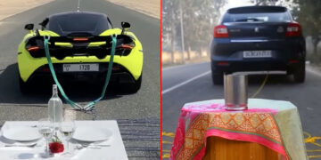 maruti baleno maclaren-720 s tablecloth pull stunt