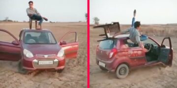 Man Sits on Roof of Moving Maruti Alto