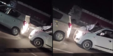 Man Sits on Bonnet of Maruti Wagonr Pushing Alto