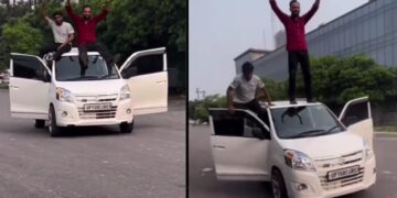 Men Stand on Maruti Alto 800 Roof