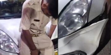 Drunk Policeman in Tata Harrier Hits Maruti Dzire