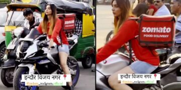 Girl on Yamaha R15M Zomato Delivery