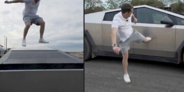 Tesla cybertruck review kicking jumping