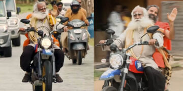 sadguru ramdev riding ducati scrambler desert sled isha foundation