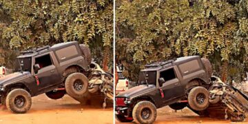 Mahindra Thar Climbing Over Another Car