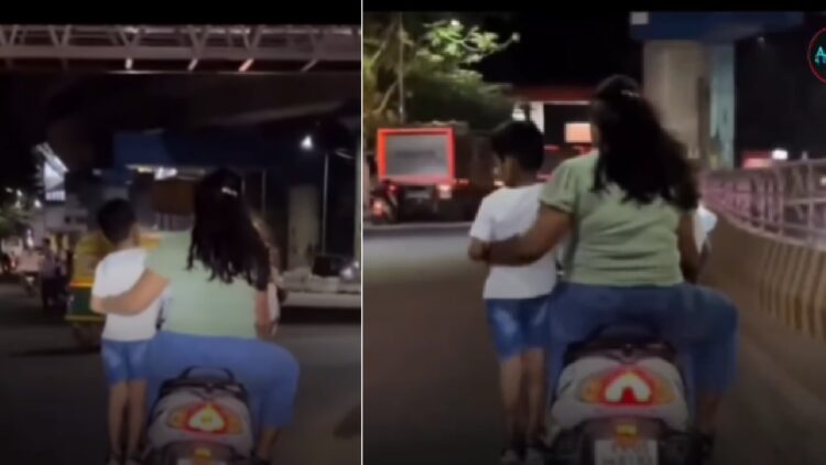 Parents Ride Scooter Holding Child Along