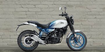 Royal Enfield Guerrilla 450 White-Blue Side Profile