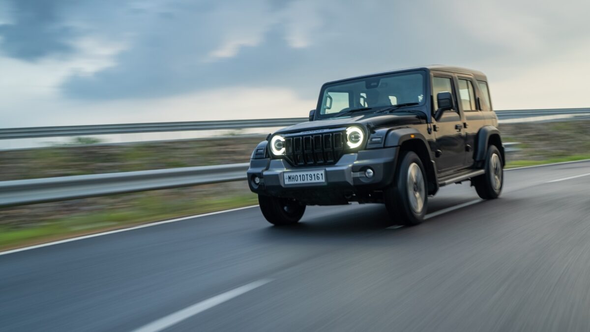 Mahindra Thar Roxx Test Drive Review Action Shot Front Three Quarters Black Colour