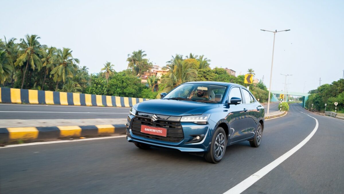 New Maruti Dzire Test Drive Review Action Shot Front Three Quarters