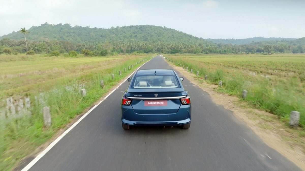 New Maruti Dzire Test Drive Review Action Shot Rear Profile