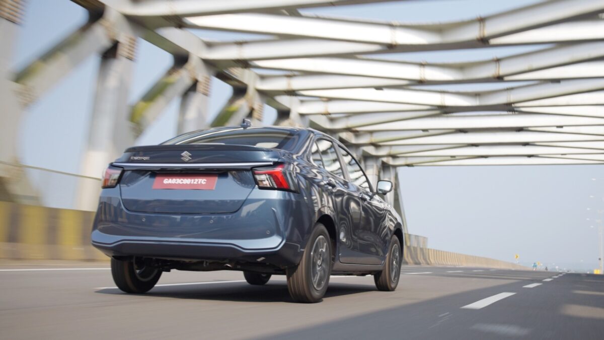 New Maruti Dzire Test Drive Review Action Shot Rear Three Quarters