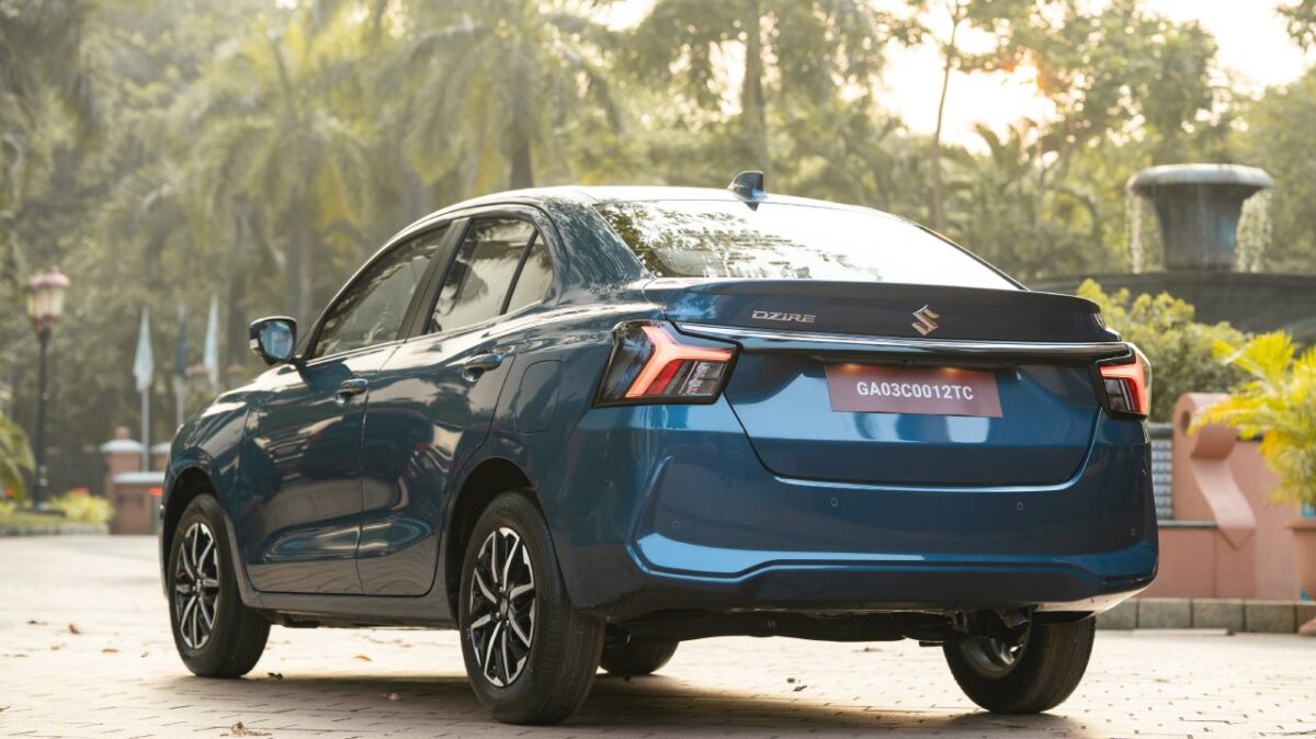 New Maruti Dzire Test Drive Review Blue Rear Three Quarters