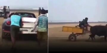 Ferrari California Stuck on Beach Rescued by Bullock Cart