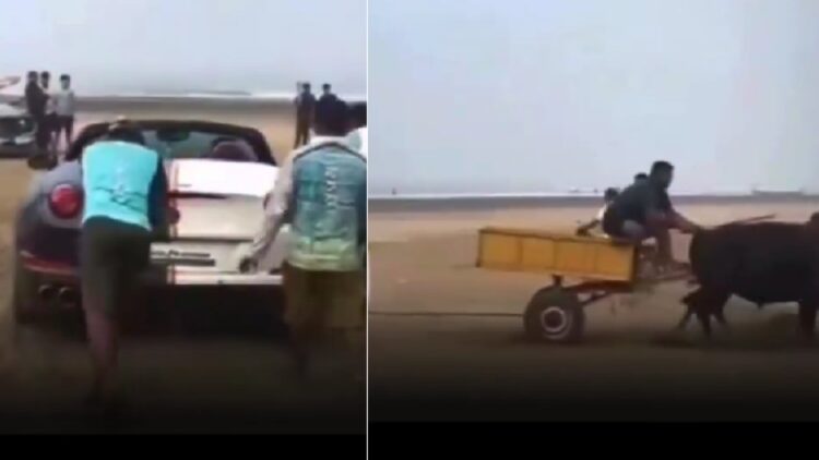 Ferrari California Stuck on Beach Rescued by Bullock Cart