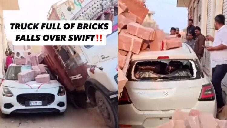 Truck Full of Bricks Fall on Maruti Swift